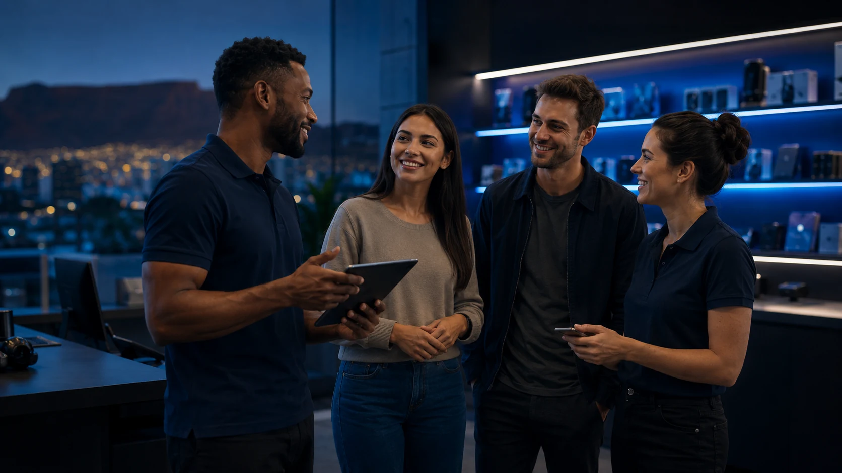 The friendly MG Xchange team in a modern technology store