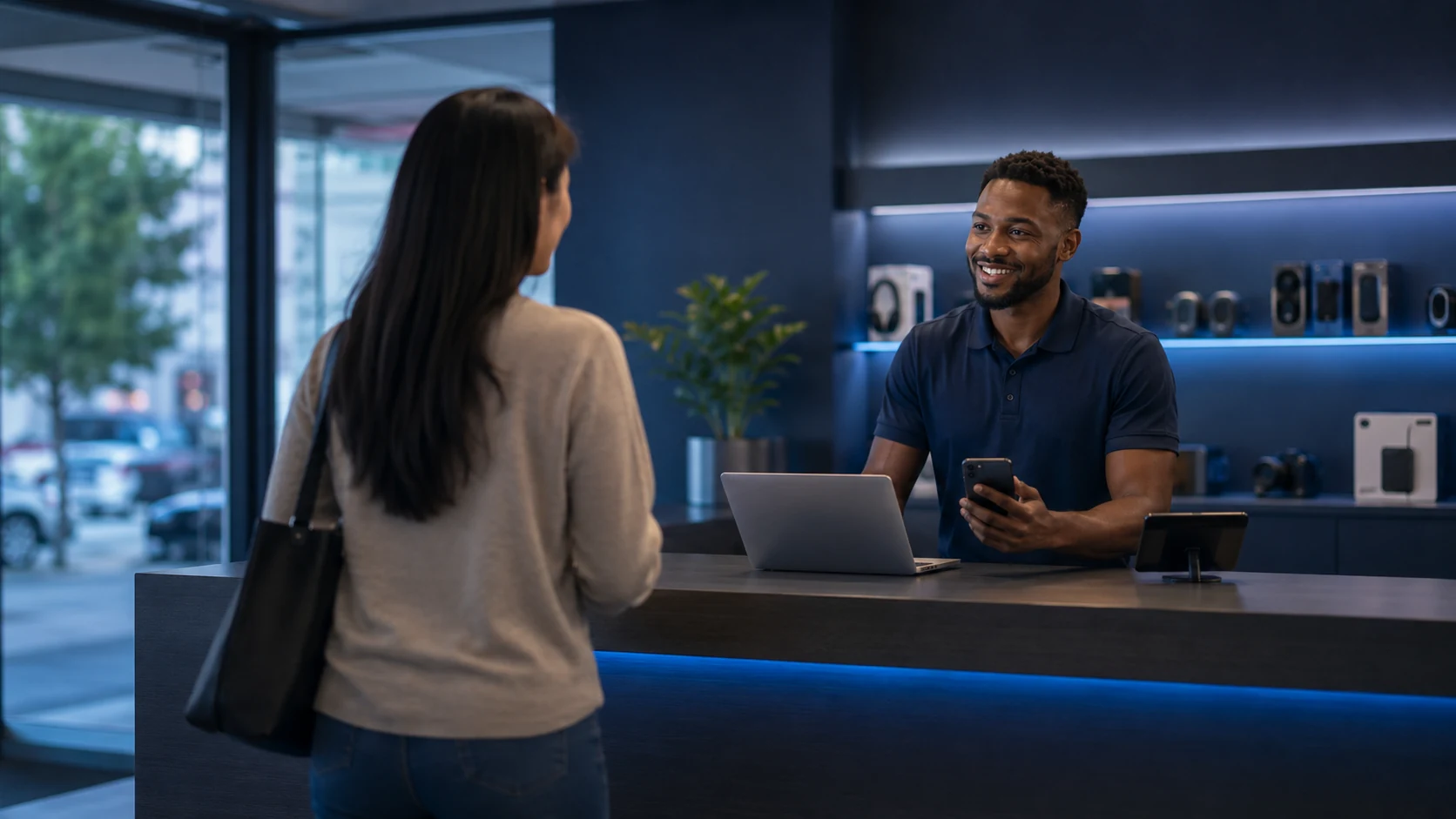 A customer receiving friendly assistance at the MG Xchange contact desk